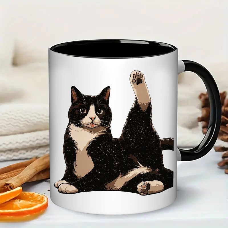 Tailorly Black Accent 11 oz Mug - item picture 11oz funny yoga cat coffee mug black cat in svara prasarita padottanasana design ceramic tea cup