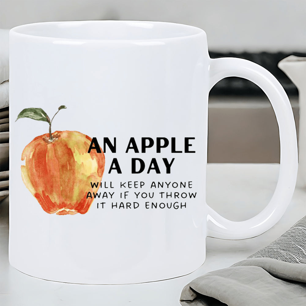 Tailorly White Ceramic 11 oz Mug - An Apple A Day Will Keep Anyone Away If You Throw It Hard Enough Vibrant Watercolor Artistic Fruit Resting On Clean White