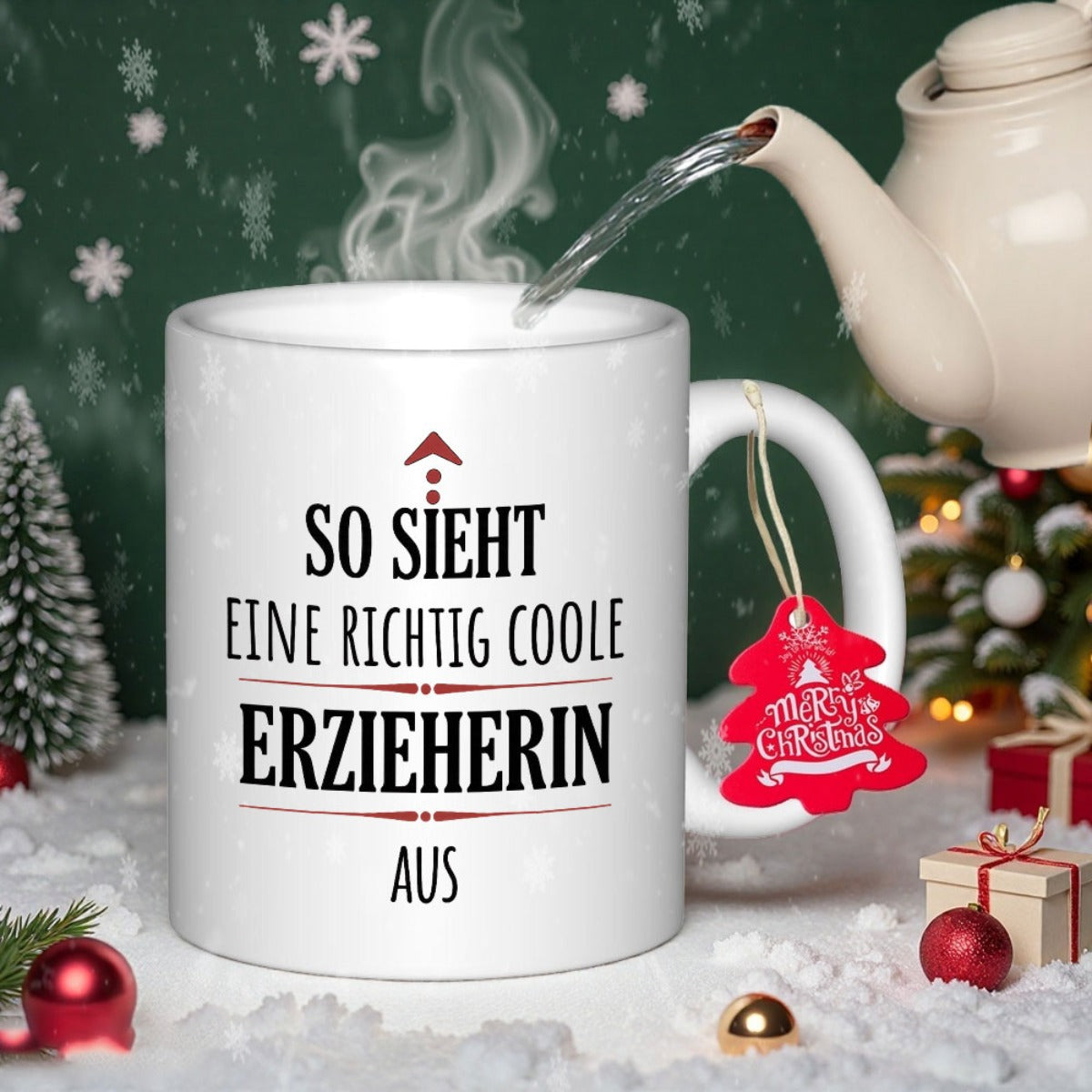 Tailorly White Ceramic 11 oz Mug - Merry Christmas Steam Rising From A White Ceramic Cup Among Winter Holiday Decorations Mug