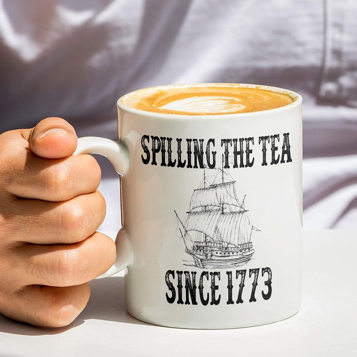 Tailorly White Ceramic 11 oz Mug - Spilling The Tea Since 1773 Vintage Distressed Sailing Vessel Navigating Deep Ocean Waters Under Clear Skies Ship