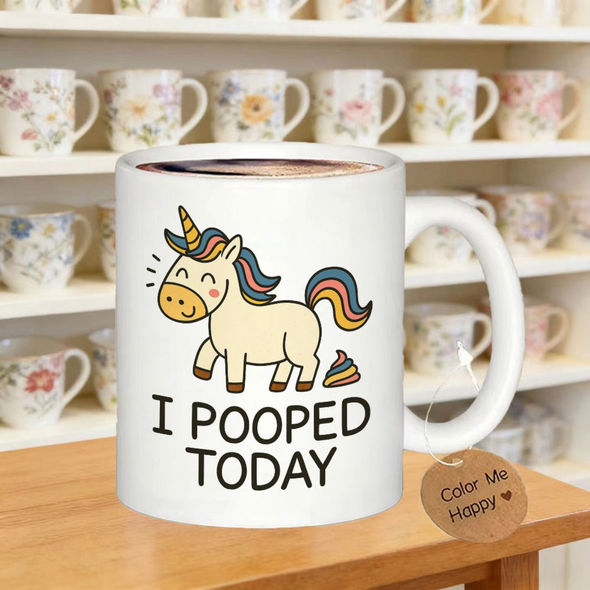 Tailorly White Ceramic 11 oz Mug - I Pooped Today Cheerful Cartoon Rainbow Mane Smiling Colorful Pooping Unicorn