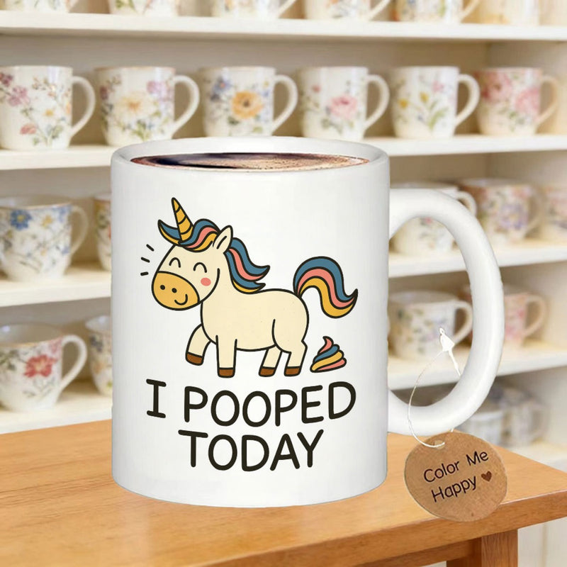 Tailorly White Ceramic 11 oz Mug - I Pooped Today Cheerful Cartoon Rainbow Mane Smiling Colorful Pooping Unicorn