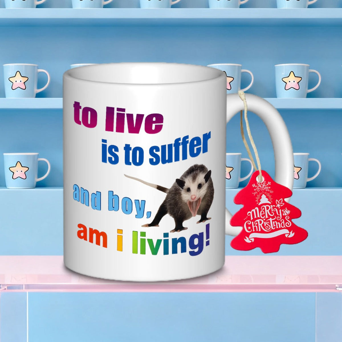 Tailorly White Ceramic 11 oz Mug - To Live Is To Suffer And Boy Am I Living Screaming Wild Animal With Sharp Teeth And Long Tail Standing Opossum