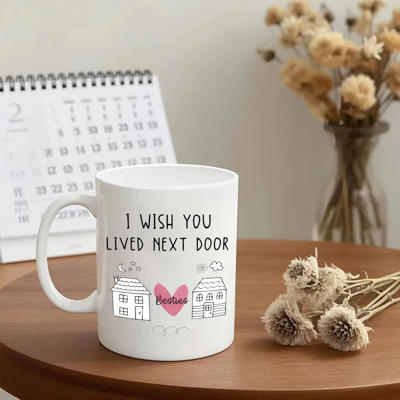Tailorly White Ceramic 11 oz Mug - I Wish You Lived Next Door Besties Minimalist Hand Drawn Style Houses With A Pink Heart And Friendly Message House