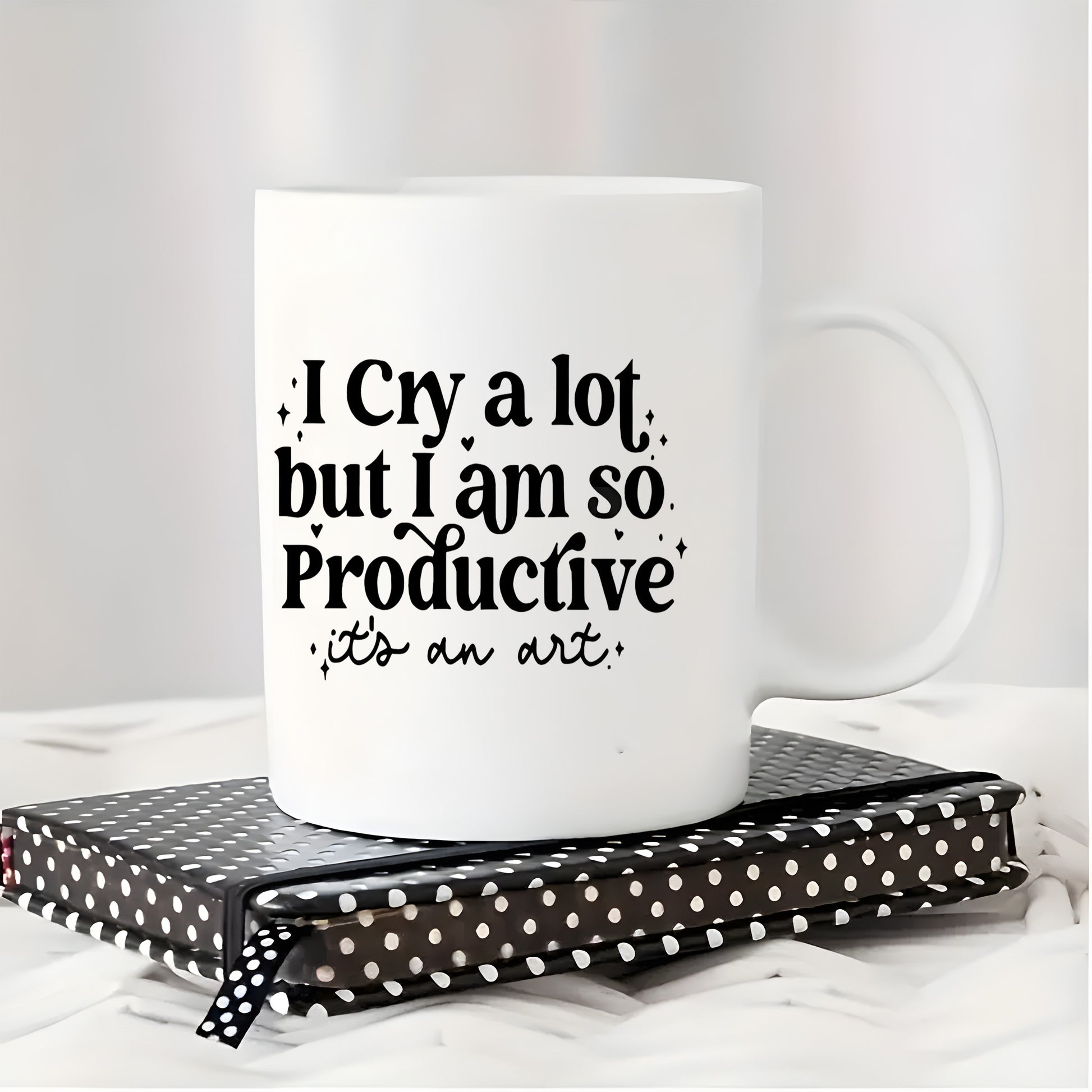 Tailorly White Ceramic 11 oz Mug - I Cry A Lot But I Am So Productive Its An Art Sleek White Ceramic Minimalist Vessel With Black Bold Script Decorative Mug