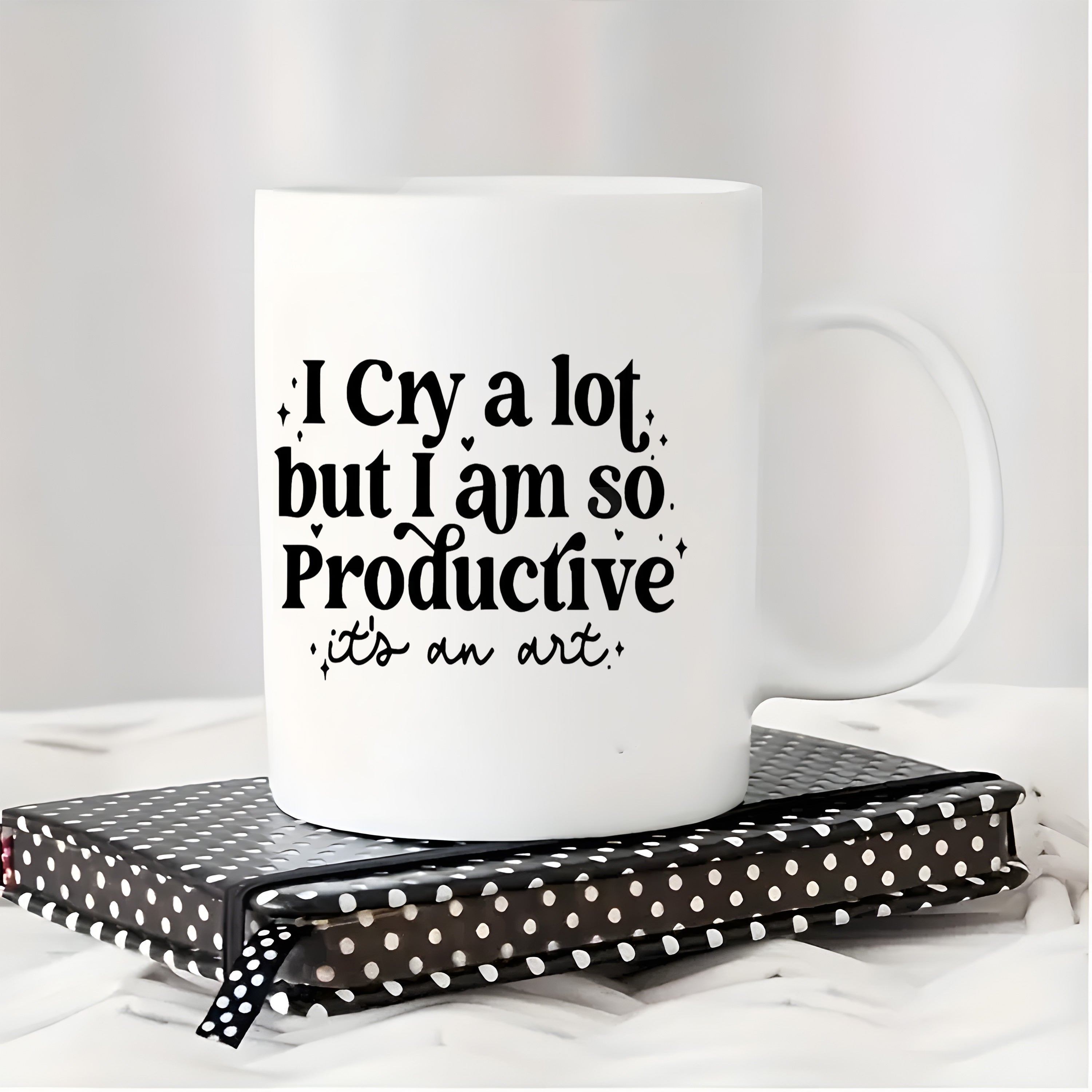 Tailorly White Ceramic 11 oz Mug - I Cry A Lot But I Am So Productive Its An Art Sleek White Ceramic Minimalist Vessel With Black Bold Script Decorative Mug