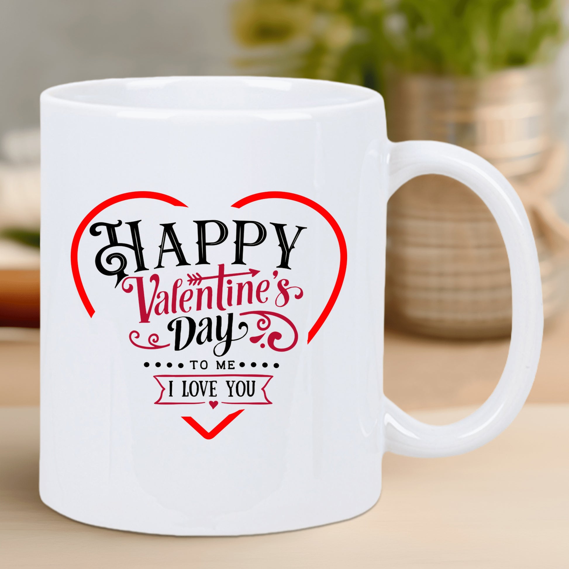 Tailorly White Ceramic 11 oz Mug - Happy Valentines Day To Me I Love You Graceful Red Outline Featuring Decorative Swirls And Bold Script Typography Heart