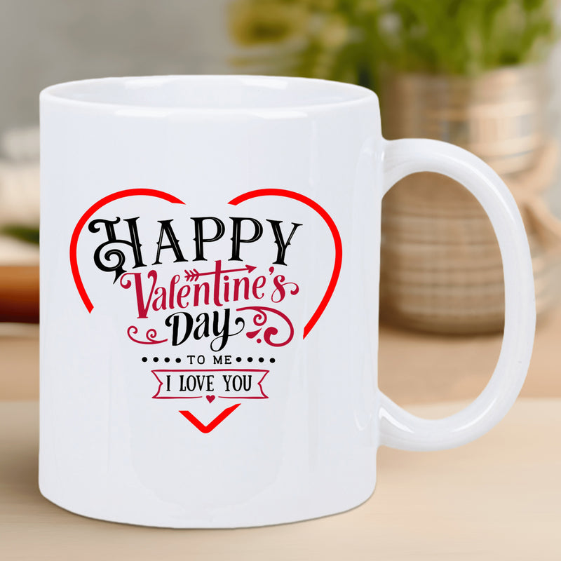 Tailorly White Ceramic 11 oz Mug - Happy Valentines Day To Me I Love You Graceful Red Outline Featuring Decorative Swirls And Bold Script Typography Heart