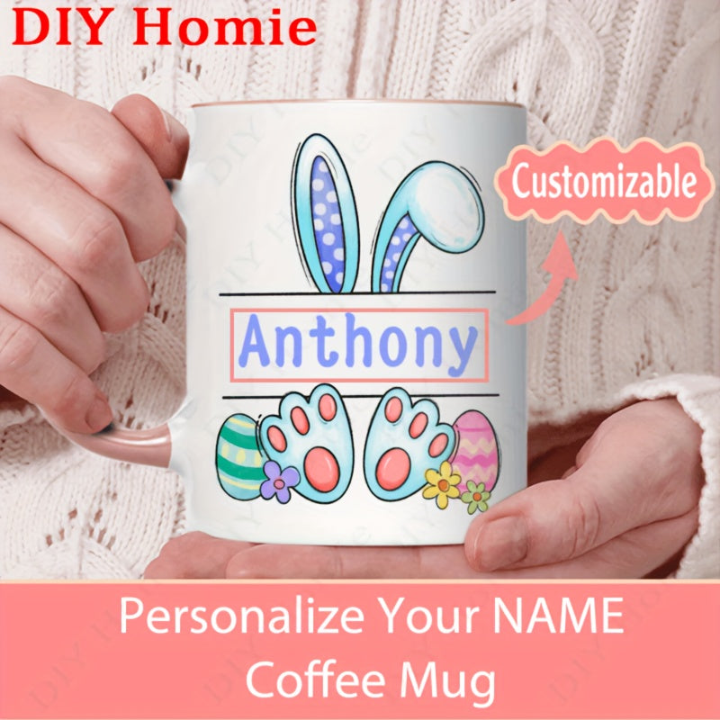 Tailorly White Ceramic 11 oz Mug - Anthony Cute Cartoon Bunny Ears With Colorful Patterned Easter Eggs Rabbit