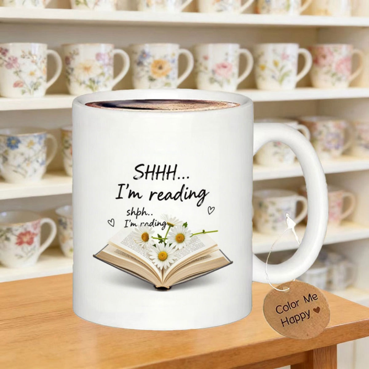 Tailorly White Ceramic 11 oz Mug - Shhh Im Reading Open Pages Blooming With Gentle Daisies And Tiny Floating Hearts Book