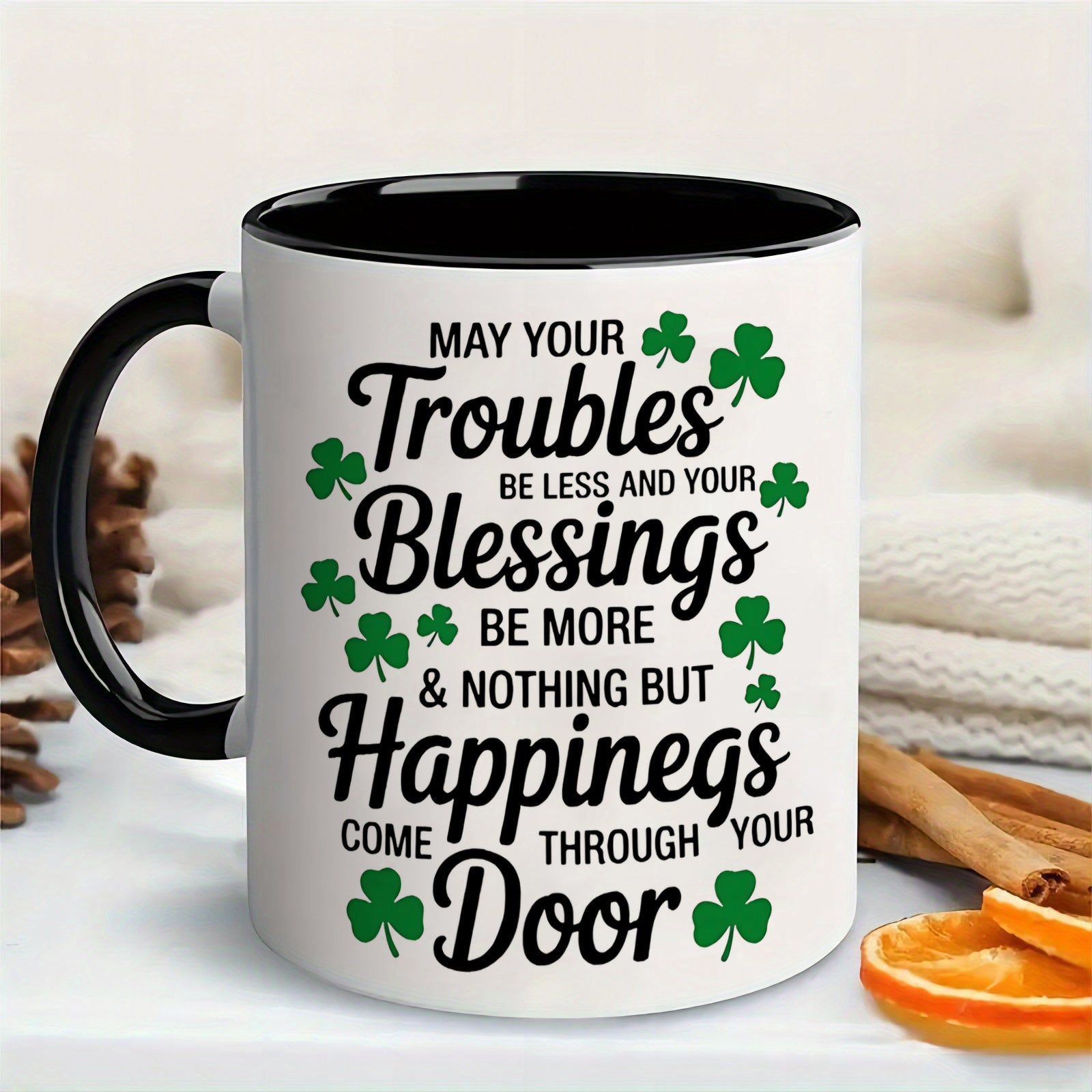 Tailorly Black Accent 11 oz Mug - item picture 1pc mug with shamrock clover design s poem ceramic coffee cup suitable for gift irish themed present