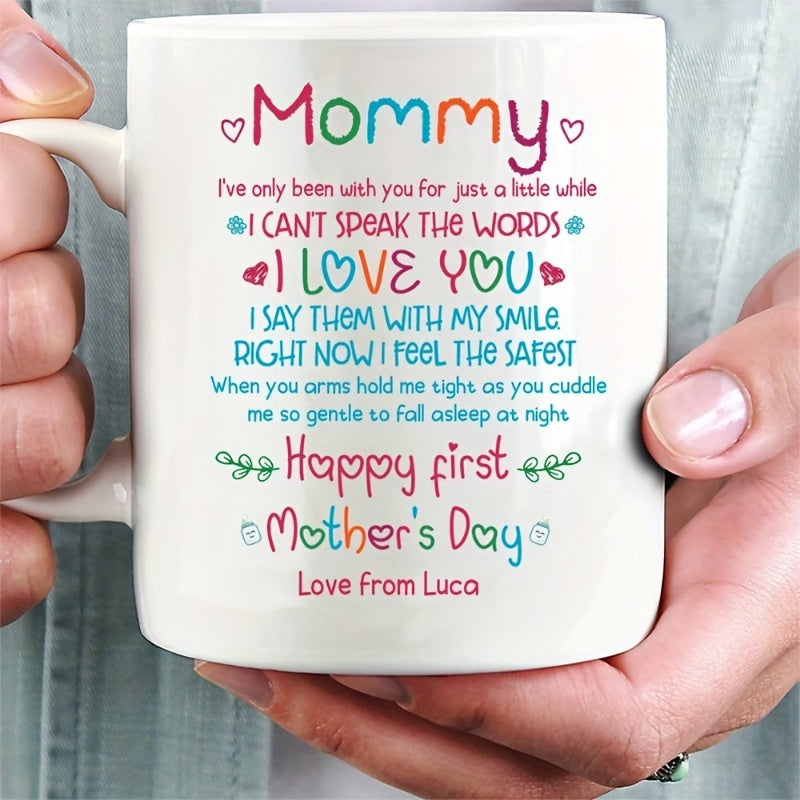 Tailorly White Ceramic 11 oz Mug - Mommy I Love You Happy First Mothers Day Love From Luca Decorated With Tiny Hearts And Green Leaves Mug