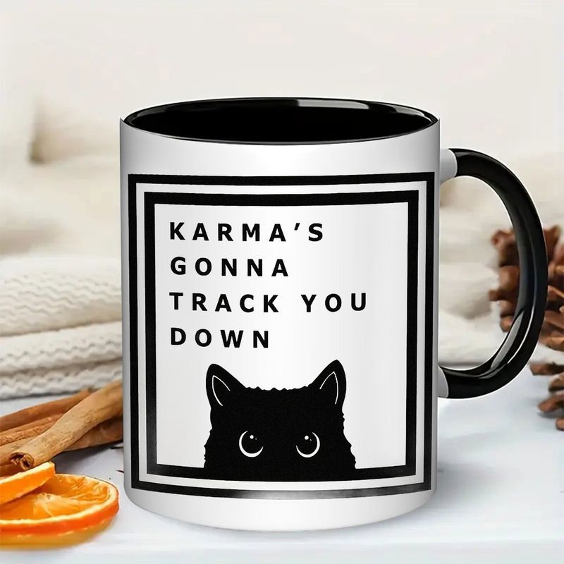 Tailorly Black Accent 11 oz Mug - funny cat with text "gonna track you down" black cat face