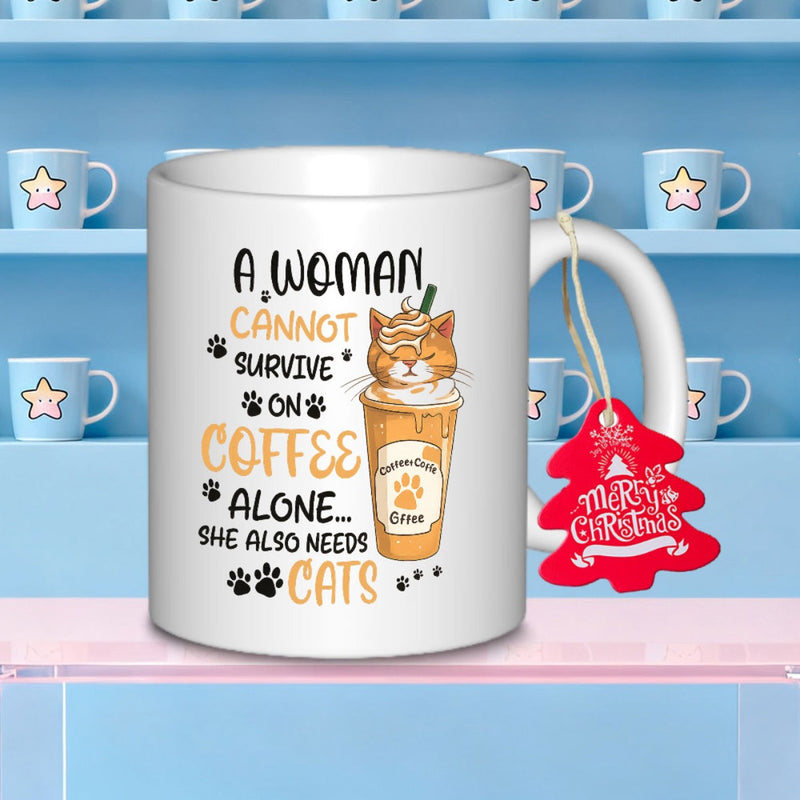 Tailorly White Ceramic 11 oz Mug - A Woman Cannot Survive On Coffee Alone She Also Needs Cats Adorable Orange Tabby Kitten Sitting Inside Creamy Frosted Beverage