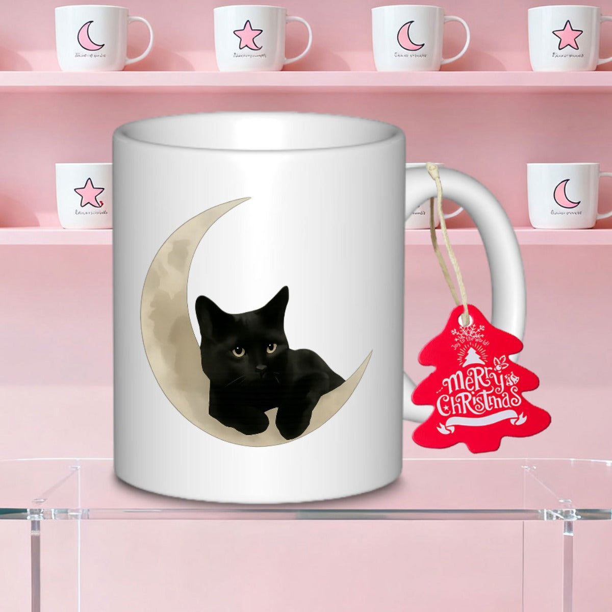 Tailorly White Ceramic 11 oz Mug - Merry Christmas Black Kitten Sitting Inside A Glowing Yellow Crescent Moon Cat