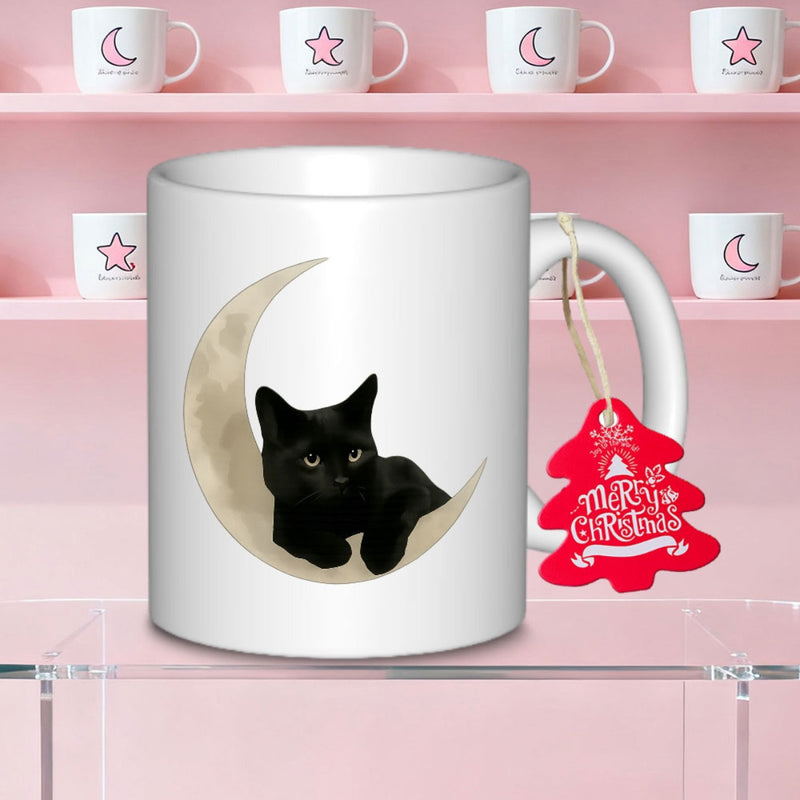 Tailorly White Ceramic 11 oz Mug - Merry Christmas Black Kitten Sitting Inside A Glowing Yellow Crescent Moon Cat