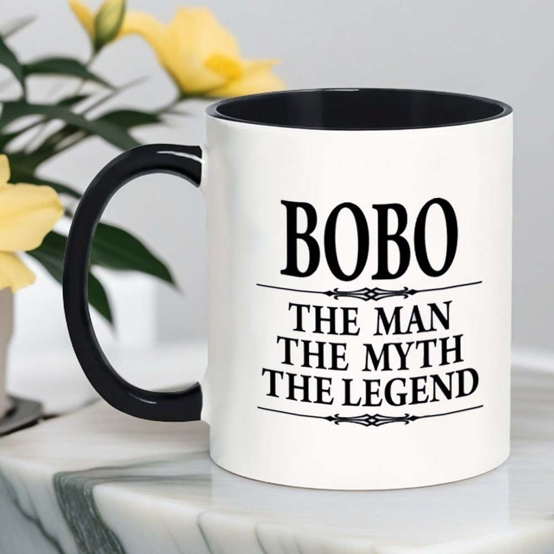Tailorly Black Accent 11 oz Mug - bobo legend text and cartoon character