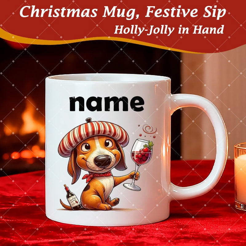 Tailorly White Ceramic 11 oz Mug - Christmas Mug Festive Sip Holly Jolly In Hand Cute Cartoon Hound Wearing Red Striped Beret Holding Elegant Wine Glass Dog