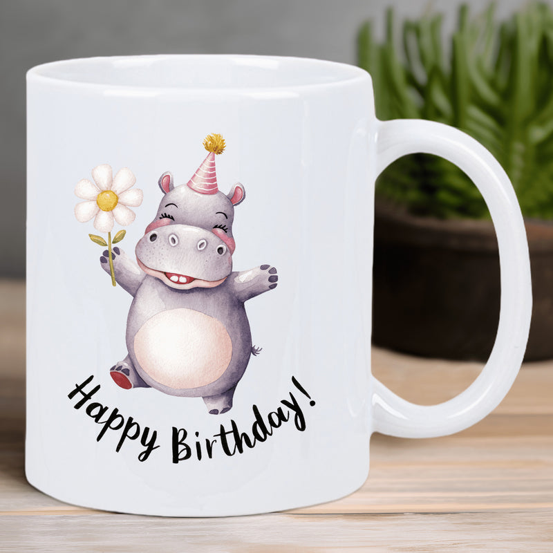 Tailorly White Ceramic 11 oz Mug - Happy Birthday Cute Watercolor Character Wearing A Striped Party Hat Holding Daisy Hippo