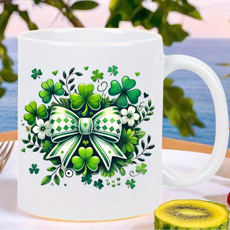 Tailorly White Ceramic 11 oz Mug - Vibrant Green Shamrocks Arranged Around A Decorative Patterned Checkered Silk Bow
