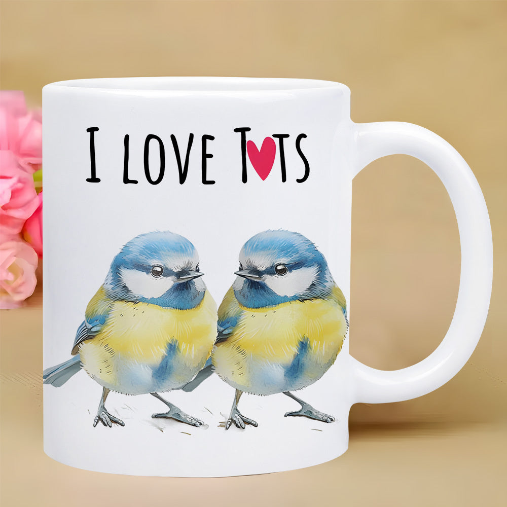 Tailorly White Ceramic 11 oz Mug - I Love Tits Vibrant Watercolor Blue Tit Couple Perching Together With A Small Heart Birds