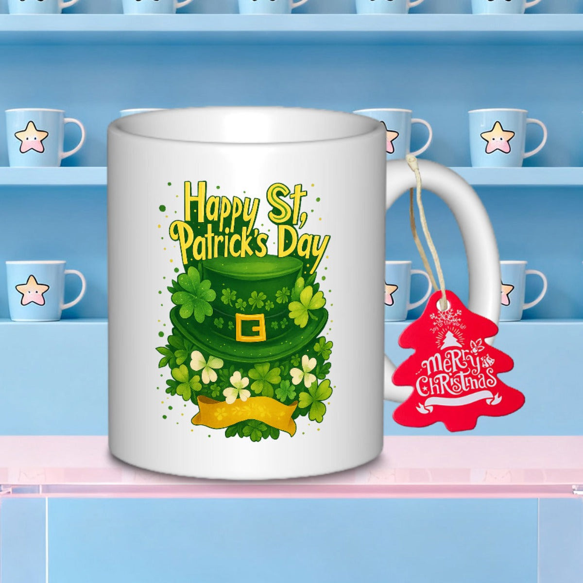 Tailorly White Ceramic 11 oz Mug - Happy St Patricks Day Green Festive Top Hat Surrounded By Lush Vibrant Clover Shamrocks Hat