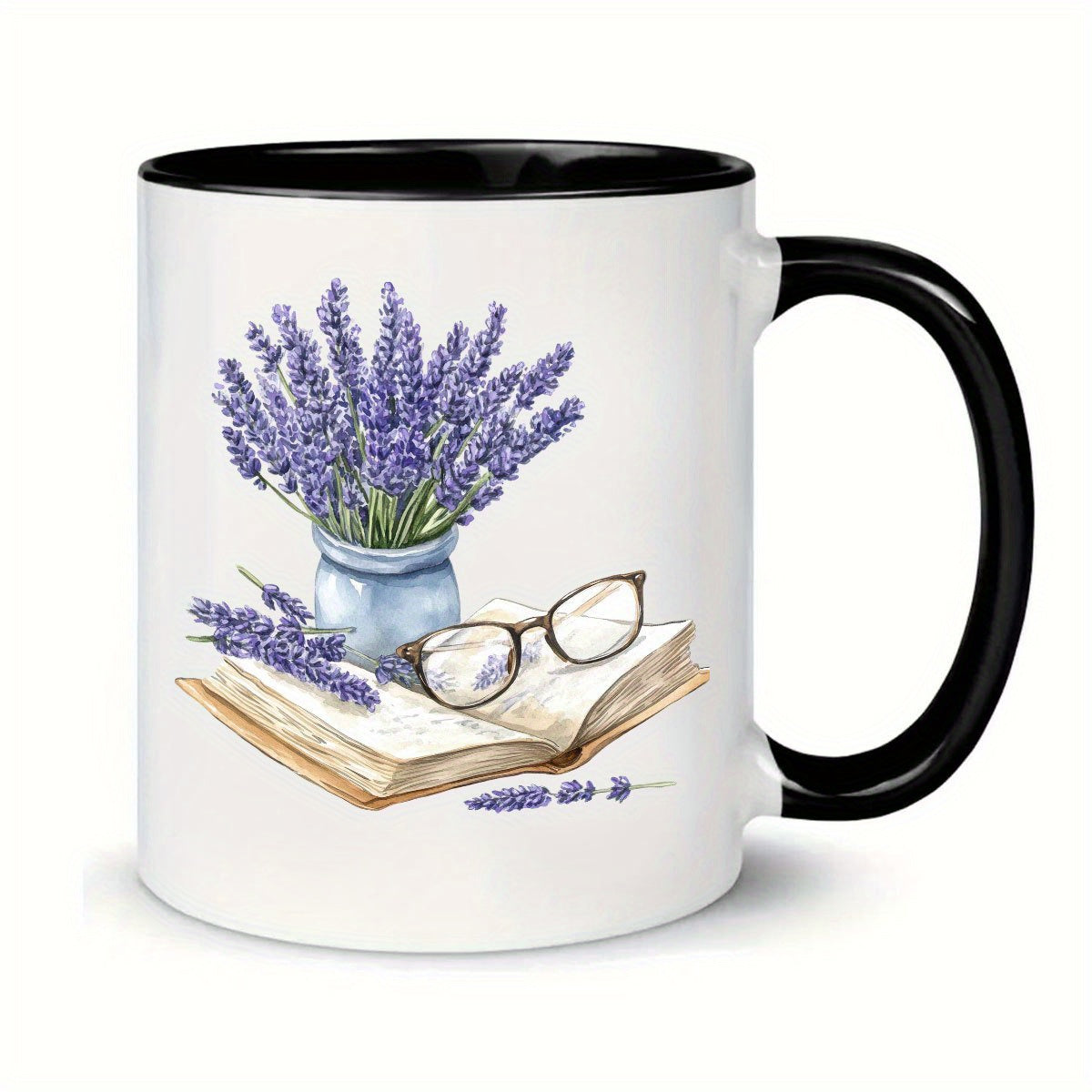 Tailorly Black Accent 11 oz Mug - book， glasses， lavender flowers