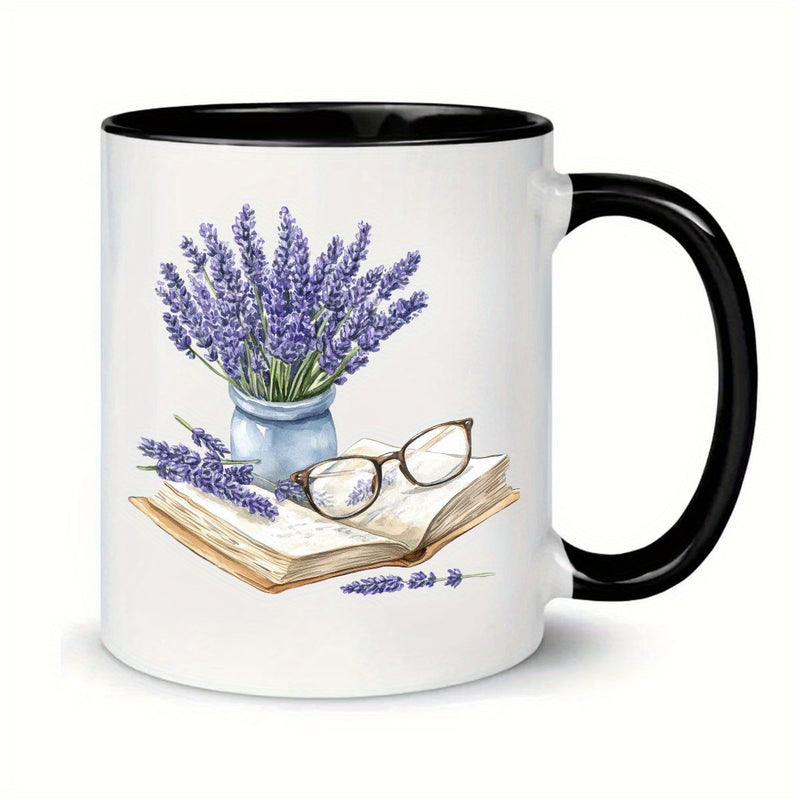 Tailorly Black Accent 11 oz Mug - book， glasses， lavender flowers