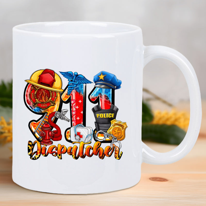 Tailorly White Ceramic 11 oz Mug - 911 Dispatcher Police Emergency Service Icons Including Fire Helmet Police Badge And Medical Kit Emblem
