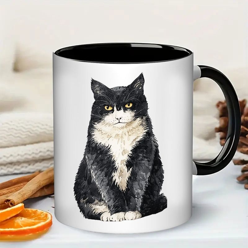 Tailorly Black Accent 11 oz Mug - black and white cat watercolor