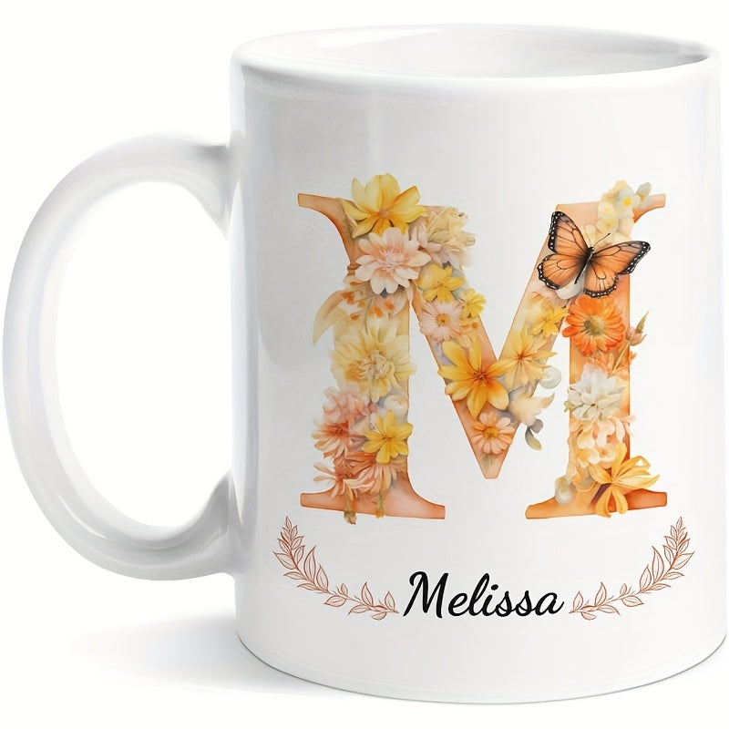 Tailorly White Ceramic 11 oz Mug - Melissa Elegant Autumn Flowers And Orange Butterfly Adorning Large Monogram Letter