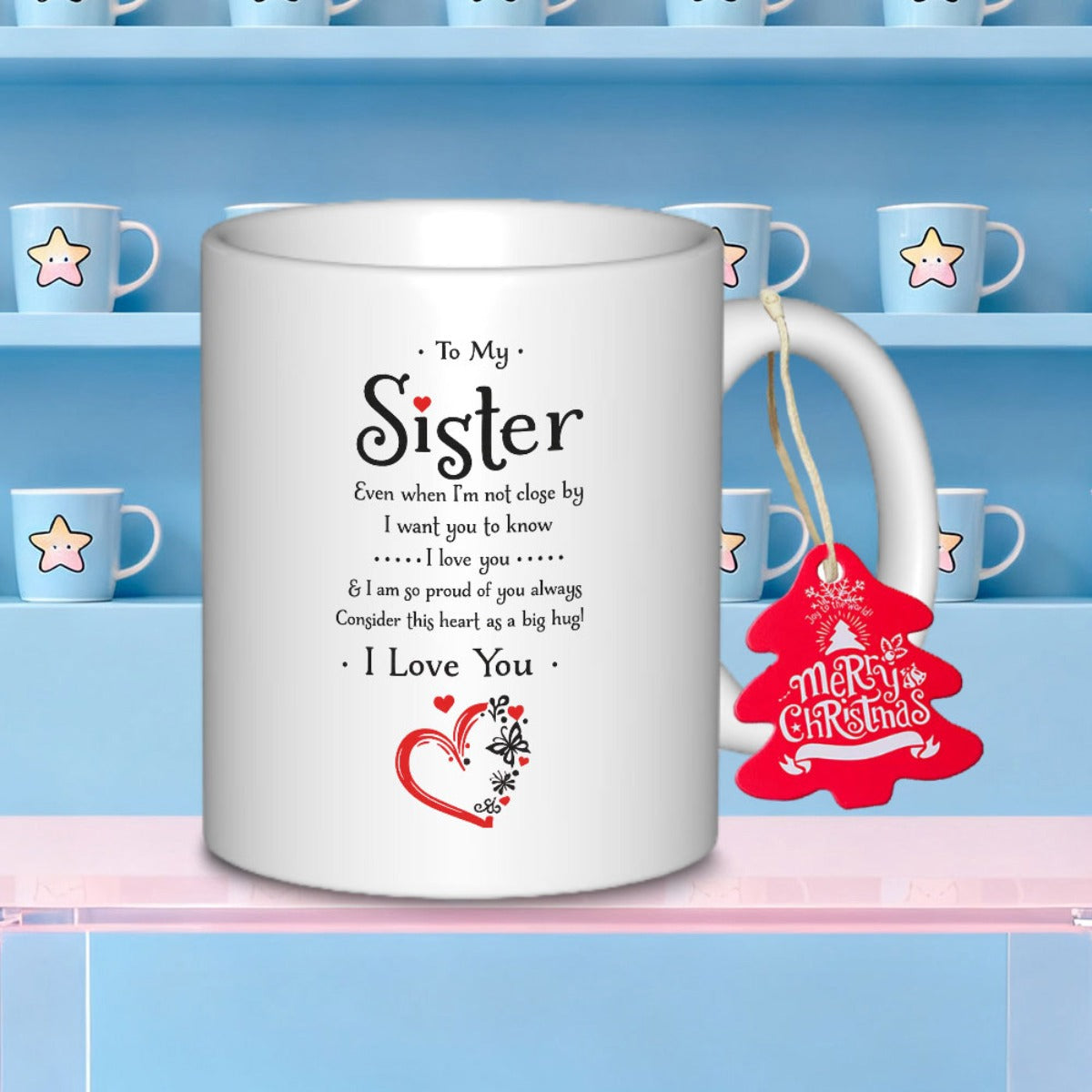 Tailorly White Ceramic 11 oz Mug - To My Sister I Love You Delicate Red Floral Swirls Within A Minimalist Artistic Line Drawn Symbol Heart