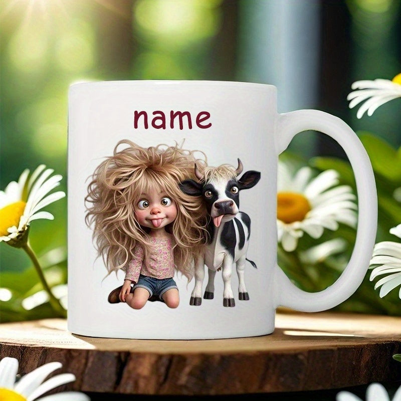 Tailorly White Ceramic 11 oz Mug - Name Silly Girl With Messy Hair Sticking Tongue Out Beside Spotted Cow