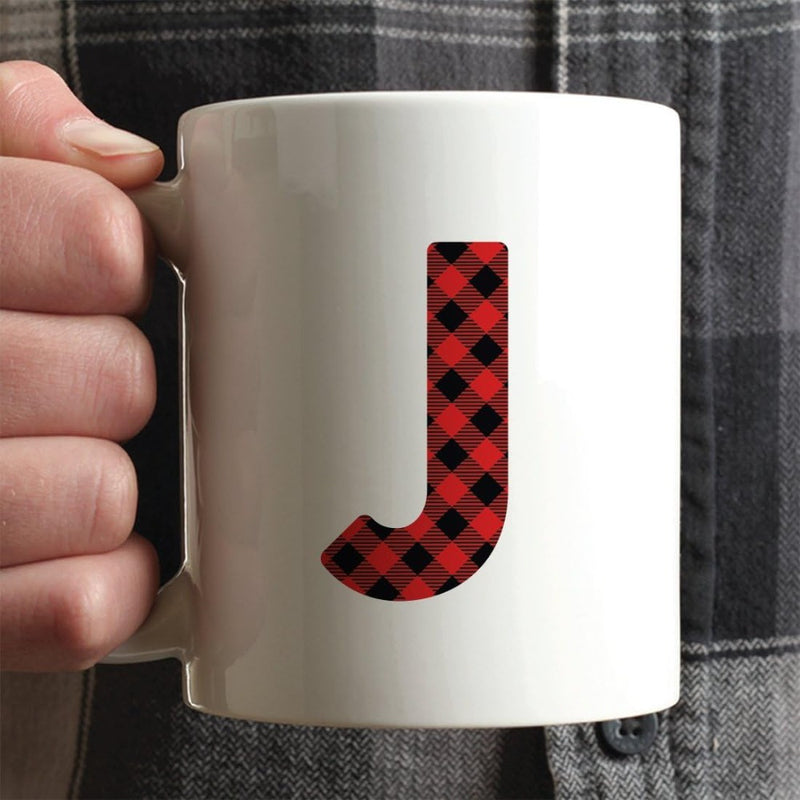 Tailorly White Ceramic 11 oz Mug - J Classic Red And Black Buffalo Plaid Texture Filled Bold Capital Letter