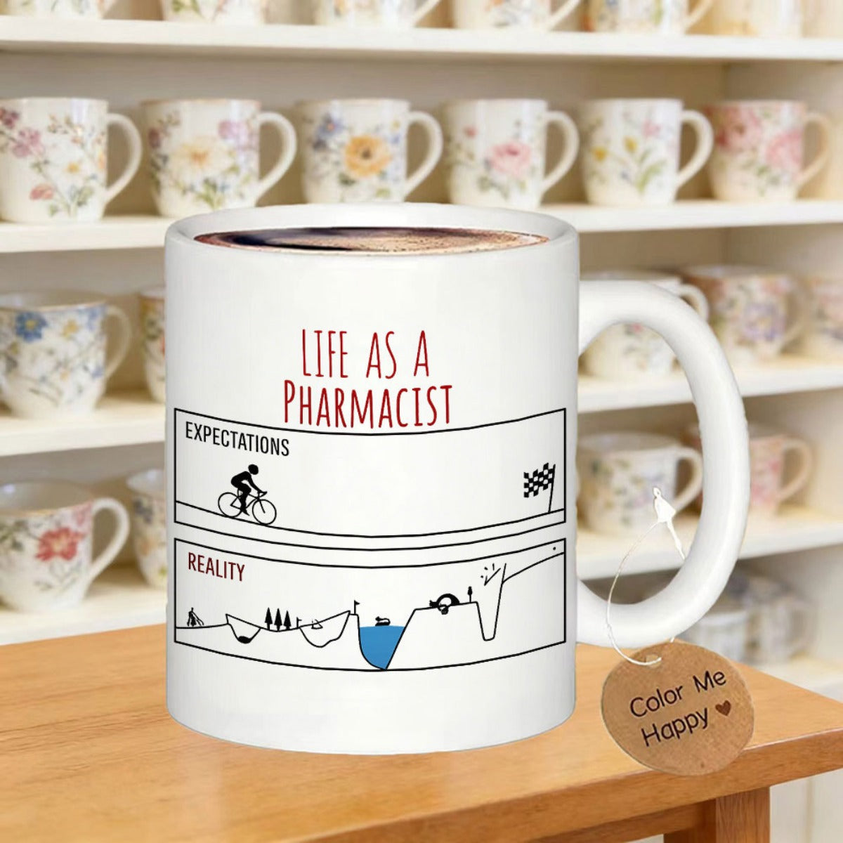 Tailorly White Ceramic 11 oz Mug - Life As A Pharmacist Expectations Reality Funny Cyclist Navigating Between Straight Path And Difficult Jagged Mountain Terrain