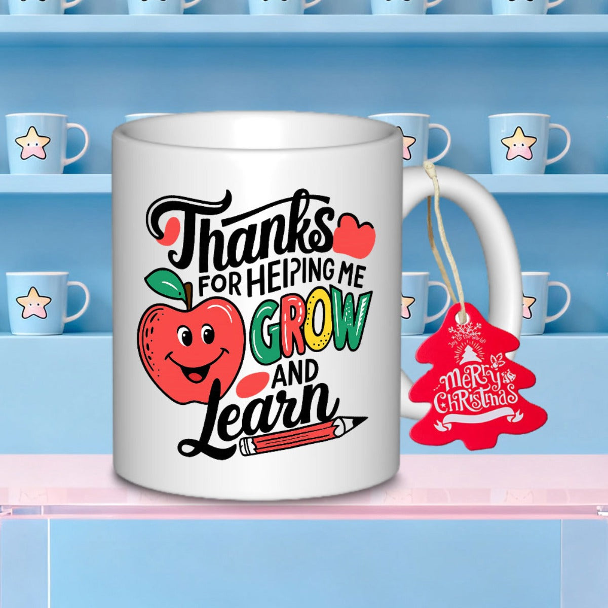 Tailorly White Ceramic 11 oz Mug - Thanks For Helping Me Grow And Learn Smiling Red Cartoon Fruit With Small Pencil And Colorful Hearts Apple