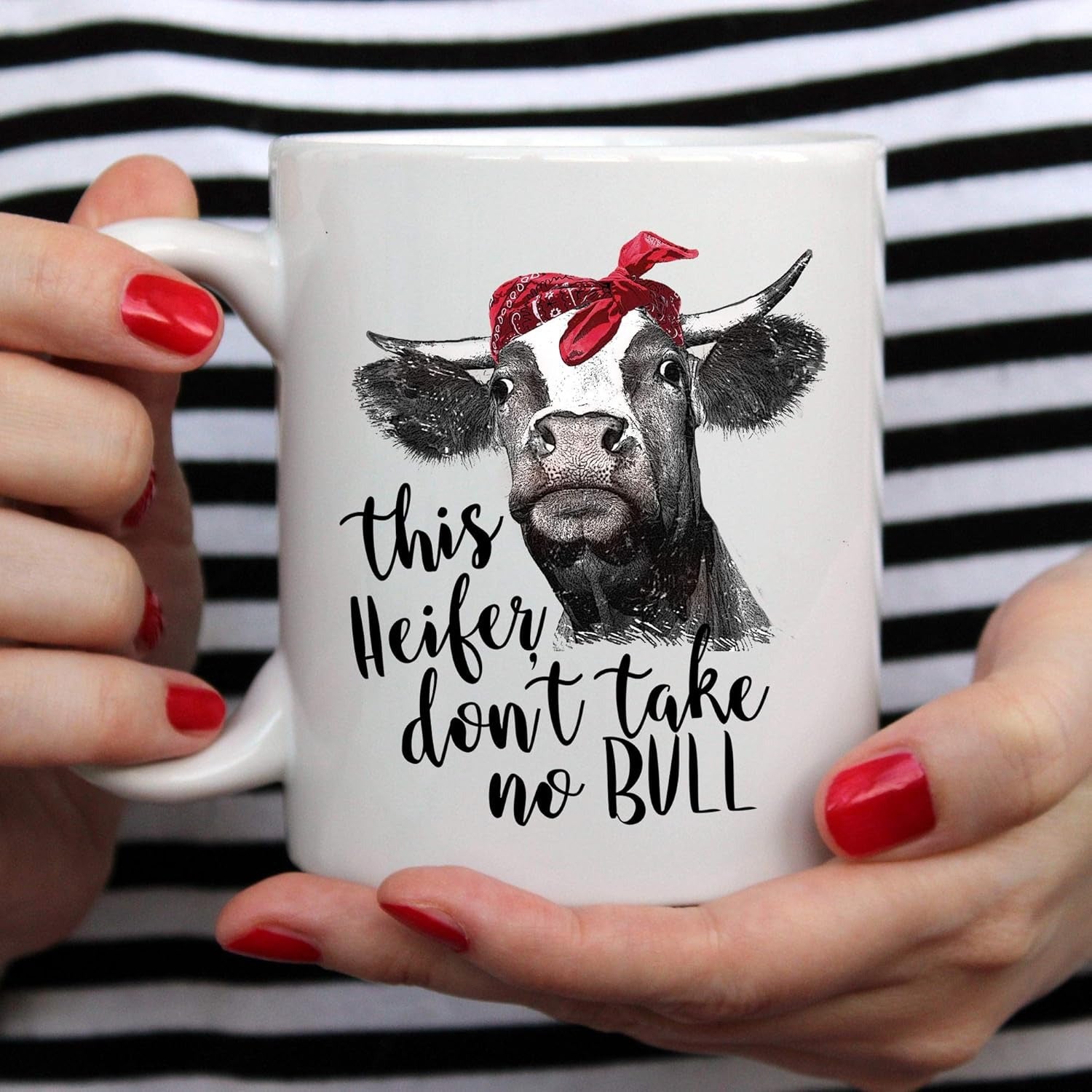 Tailorly White Ceramic 11 oz Mug - This Heifer Dont Take No Bull Rustic Hand Painted Farmhouse Animal Wearing Red Polka Dot Bandana Cow
