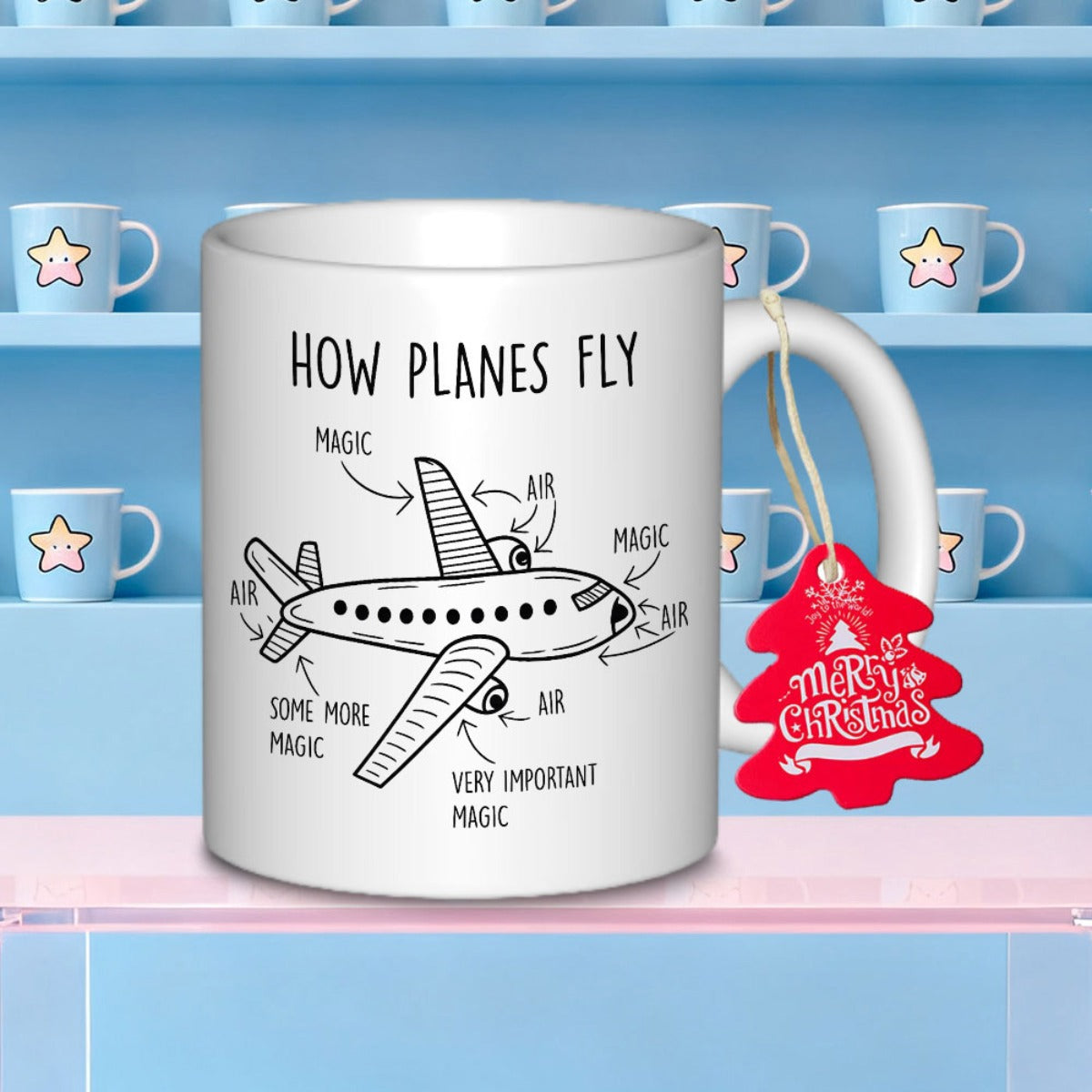 Tailorly White Ceramic 11 oz Mug - How Planes Fly Simple Hand Drawn Sketch Showing Wings And Humorous Magic Labels Airplane