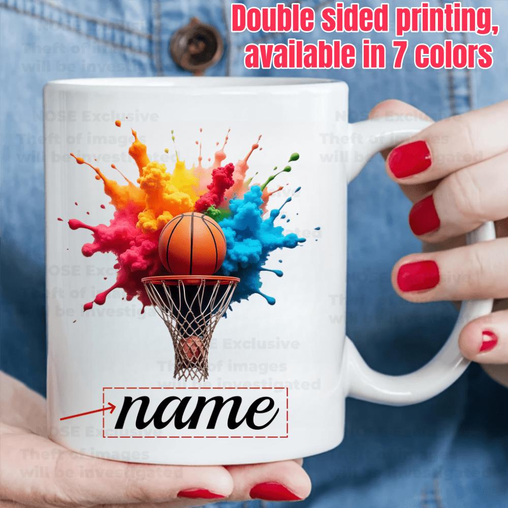 Tailorly White Ceramic 11 oz Mug - Name Colorful Dynamic Paint Splash Bursting Around A Professional Sport Hoop Basketball