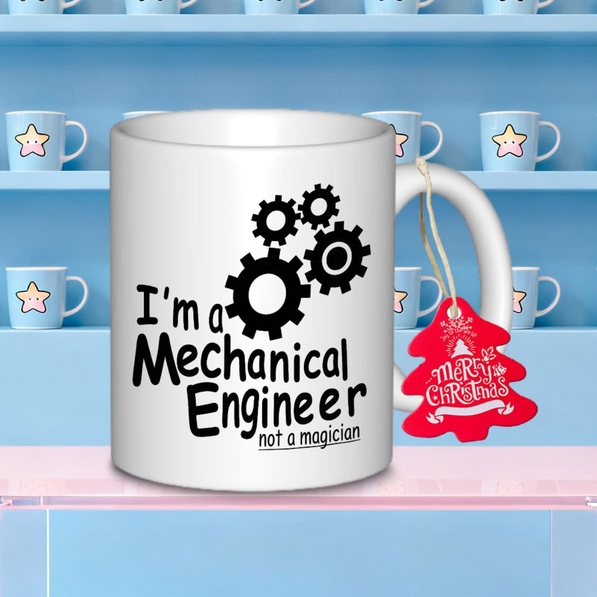Tailorly White Ceramic 11 oz Mug - I'm A Mechanical Engineer Not A Magician Bold Industrial Style Black Interlocking Mechanical Cogs Flowing Upwards Mug