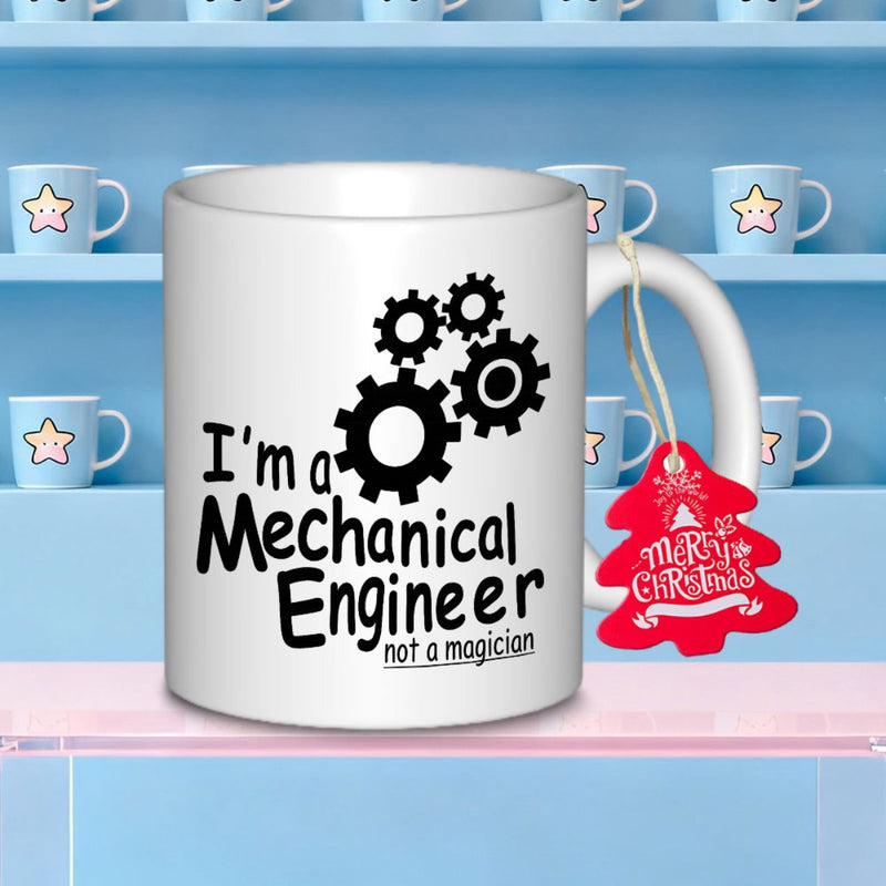 Tailorly White Ceramic 11 oz Mug - I'm A Mechanical Engineer Not A Magician Bold Industrial Style Black Interlocking Mechanical Cogs Flowing Upwards Mug