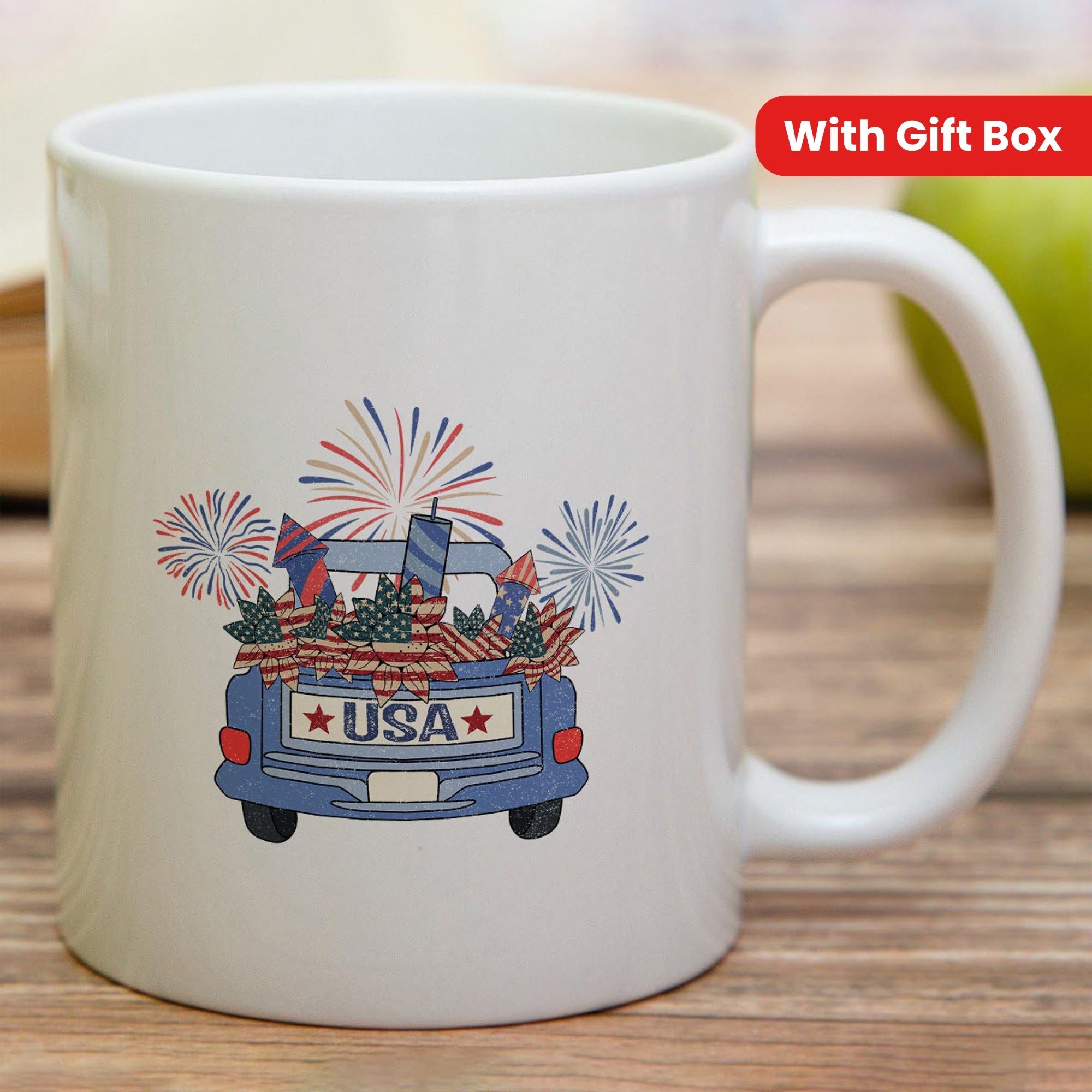 Tailorly White Ceramic 11 oz Mug - Usa Patriotic Blue Vintage Pickup Truck Filled With American Flags And Sparkling Fireworks Truck