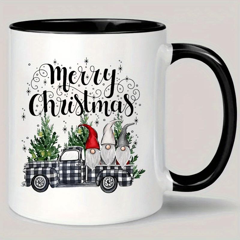 Tailorly Black Accent 11 oz Mug - merry christmas ceramic coffee mug with vintage truck gnome design