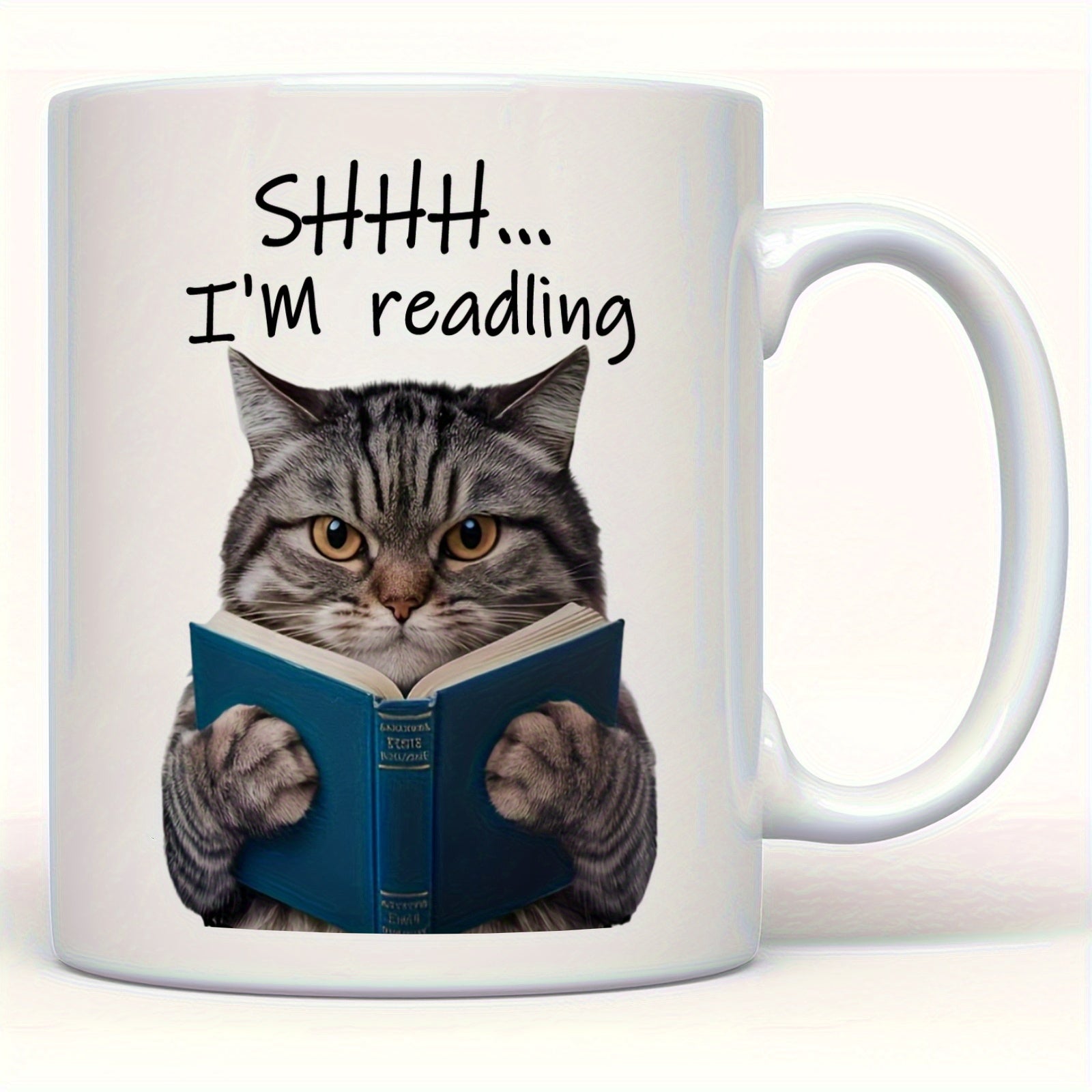 Tailorly White Ceramic 11 oz Mug - Shhh Im Reading Adorable Tabby Cat Holding A Blue Book With Focused Expression Cat
