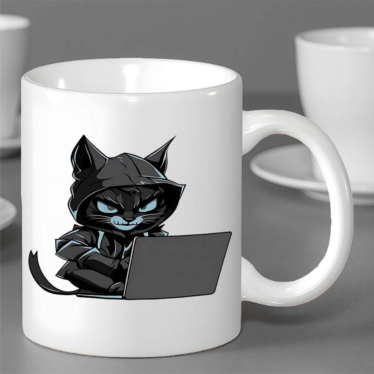 Tailorly White Ceramic 11 oz Mug - Edgy Hacker Wearing Dark Hoodie Concentrating On Laptop Computer Cat