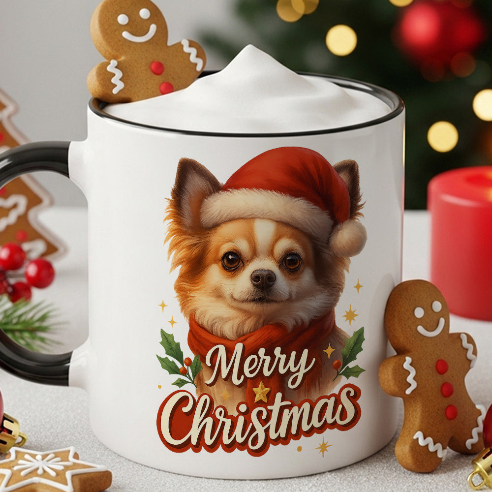 Tailorly Black Accent 11 oz Mug - adorable chihuahua wearing a santa hat and scarf