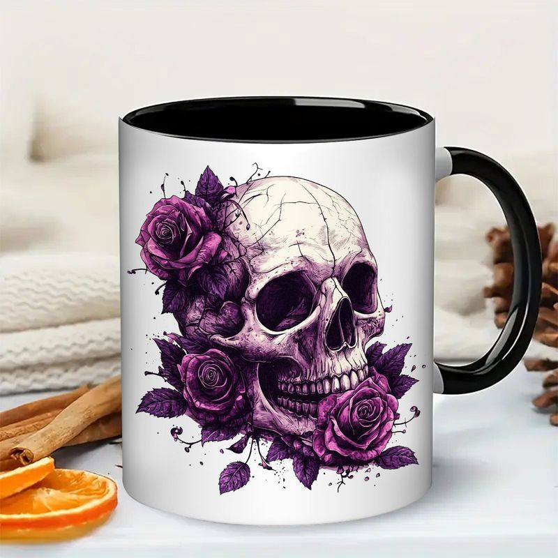 Tailorly Black Accent 11 oz Mug - gothic floral skull with roses