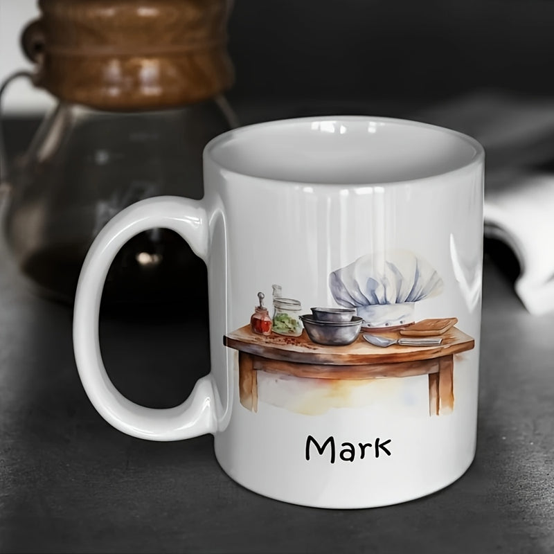 Tailorly White Ceramic 11 oz Mug - Mark Watercolor Kitchen Table With Professional Chef Hat And Cooking Bowls Workbench