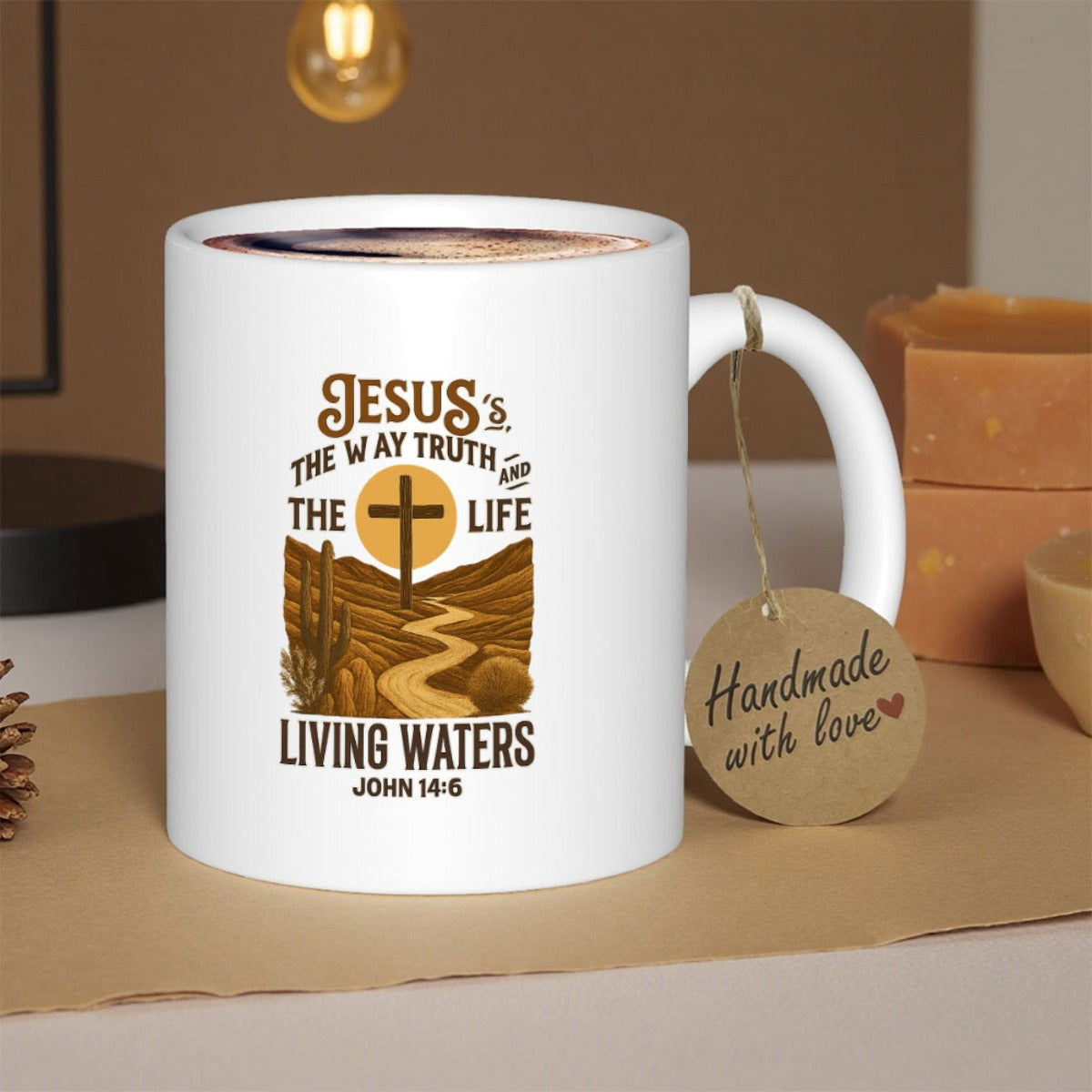 Tailorly White Ceramic 11 oz Mug - Jesus Is The Way Truth And The Life Living Waters John 14 6 Majestic Desert Landscape Under Warm Sun With Winding Path Leading