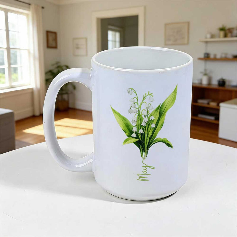 Tailorly White Ceramic 11 oz Mug - May Elegant Green Leaves With Delicate White Bell Shaped Petals Blooming Floral Flower